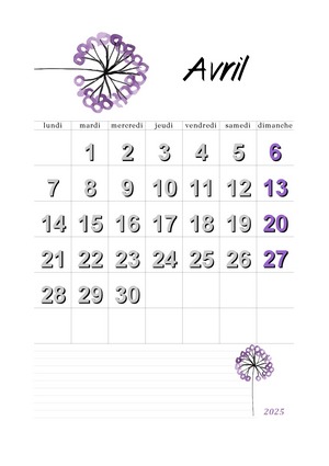 Calendrier de avril 2025 à imprimer au format A4 en mode portrait.