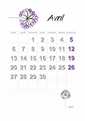 calendrier du mois d'avril 2026