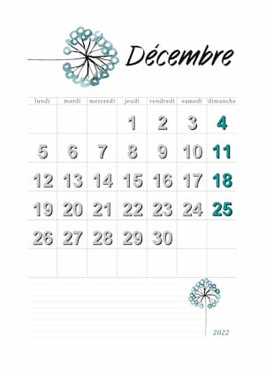 Calendrier decembre 2022 en orientation portrait : calendrier vierge mensuel au format PDF avec motif floral.