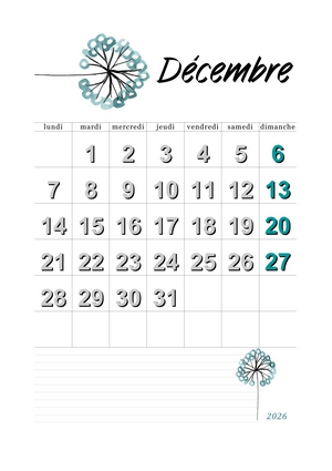 calendrier du mois de décembre 2026