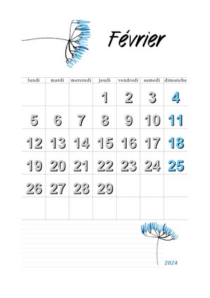 Février 2024 calendrier du mois à imprimer au format A4.