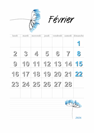 calendrier du mois de février 2026