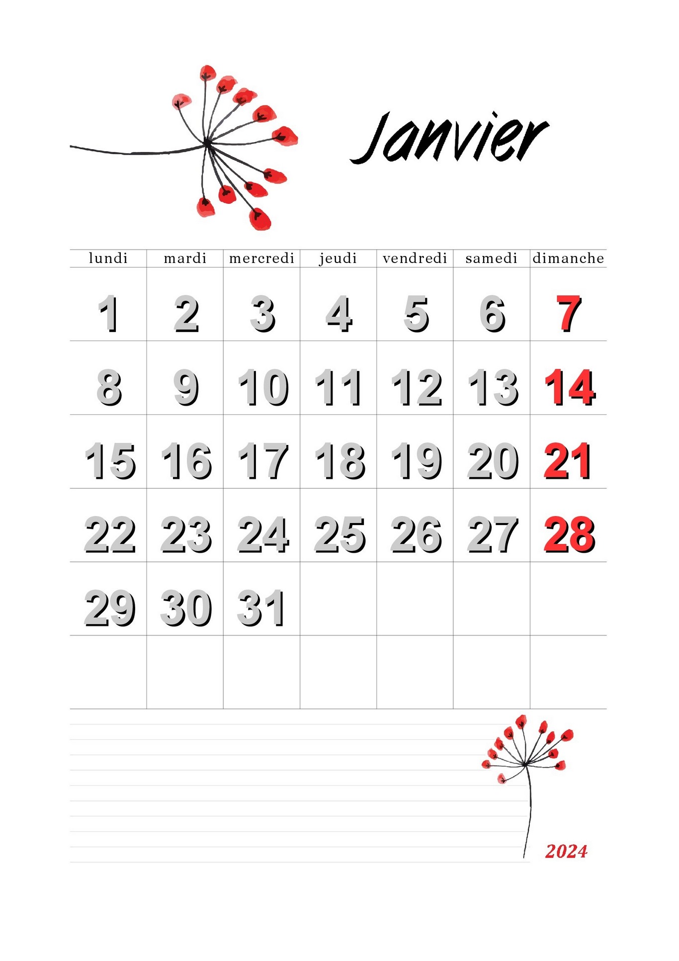 Janvier 2024 calendrier gratuit à imprimer au format A4
