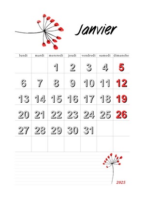Calendrier de janvier 2025 à imprimer au format A4 en mode portrait.