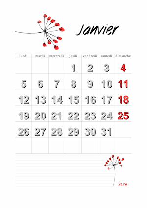 calendrier du mois de janvier 2026
