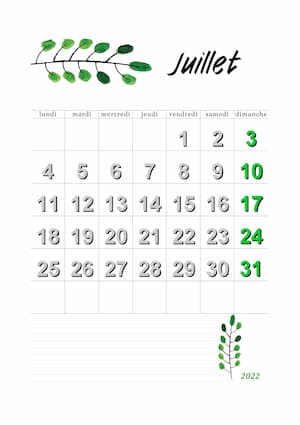 Calendrier juillet 2022 en orientation portrait : calendrier vierge mensuel au format PDF avec motif floral.