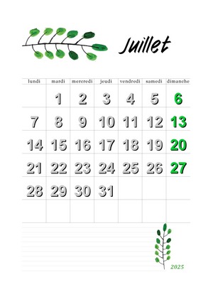 calendrier pour le mois de juillet 2025