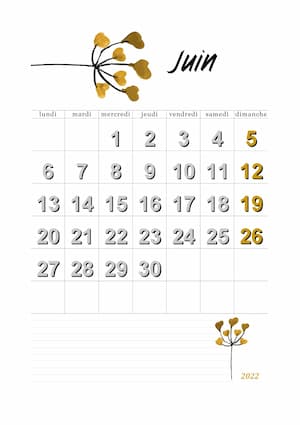 Calendrier vierge de juin 2022.