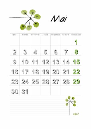 Calendrier vierge de mai 2022.