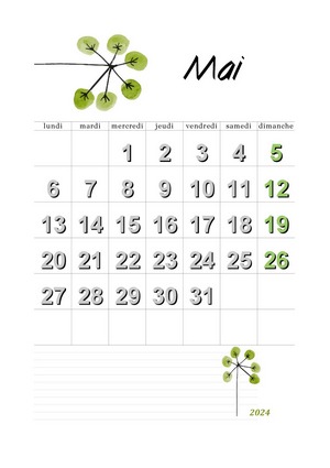 Mai 2024 calendrier à imprimer au format A4 en mode portrait avec un dessin floral vert.