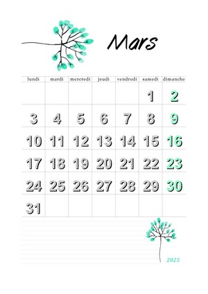 Calendrier de mars 2025 à imprimer au format A4 en mode portrait.