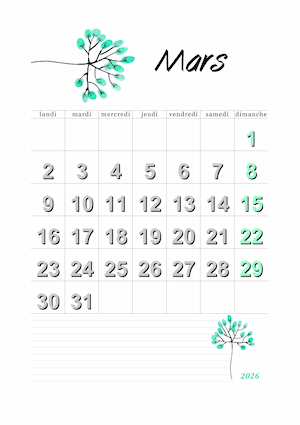 calendrier du mois de mars 2026