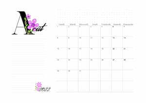 Calendrier du Mois de août 2022 en orientation paysage : calendrier vierge mensuel au format PDF avec lettre florale.