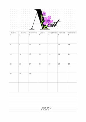 Calendrier août 2022 en orientation portrait : calendrier vierge mensuel au format PDF avec lettre florale.