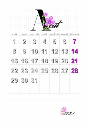 Calendier août 2022 en orientation portrait : calendrier vierge mensuel au format PDF avec lettre florale.