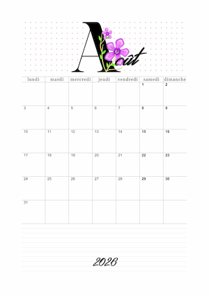 calendrier août 2026 à imprimer