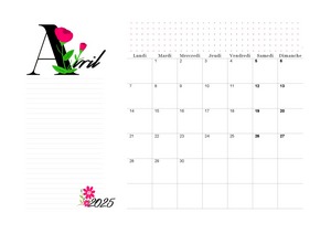 Calendrier de avril 2025 à imprimer au format A4 en mode paysage.