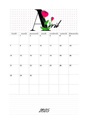 Calendrier pour le mois de avril 2025 à imprimer au format A4.