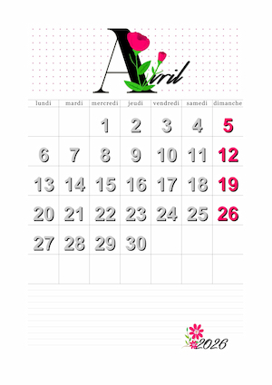 calendrier mensuel avril 2026