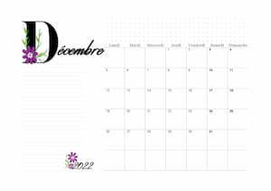 Calendrier du Mois de decembre 2022 en orientation paysage : calendrier vierge mensuel au format PDF avec lettre florale.