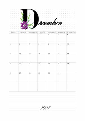 Calendrier decembre 2022 en orientation portrait : calendrier vierge mensuel au format PDF avec lettre florale.