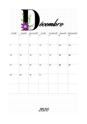 Calendrier vierge avec un lettrage florale mauve !