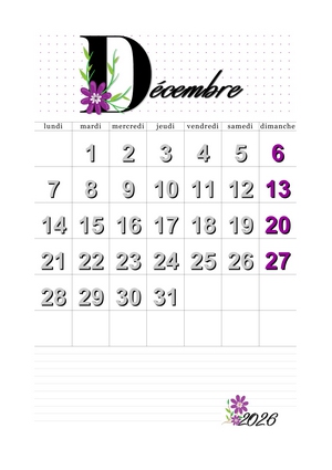 calendrier du mois de décembre 2026 imprimable