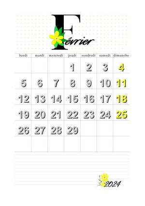 Février 2024 calendrier mensuel à imprimer en format A4.