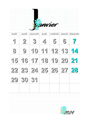 Janvier 2024 calendrier mensuel à imprimer en format A4.