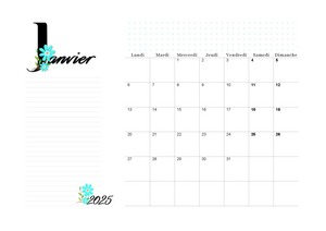 Calendrier de janvier 2025 en mode paysage à imprimer au format A4.