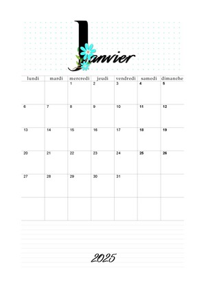 Calendrier du mois de janvier 2025 à imprimer au format A4.