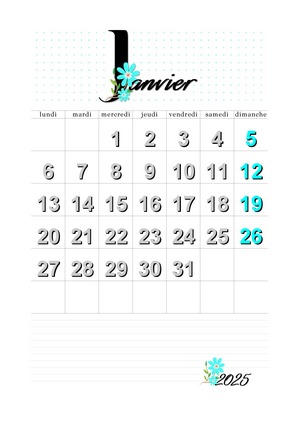 Calendrier du mois de janvier 2025 au format A4 à imprimer en mode portrait.