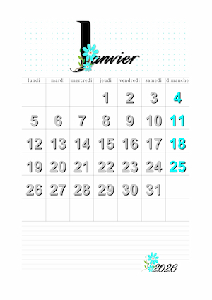 Calendrier du mois de janvier 2026 imprimable