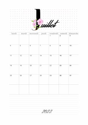 Calendrier juillet 2022 en orientation portrait : calendrier vierge mensuel au format PDF avec lettre florale.