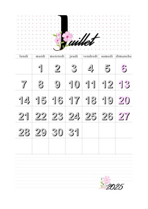Calendrier juillet 2025 à imprimer.