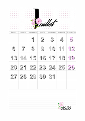 Calendrier du mois de juillet 2026 imprimable