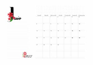 - 2ème calendrier vierge mensuel de juin 2022 à imprimer au format PDF A4
