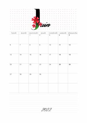 - 1er calendrier vierge mensuel de juin 2022 à imprimer au format PDF A4