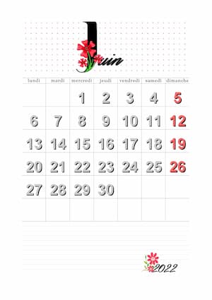 - 3ème calendrier vierge mensuel de juin 2022 à imprimer au format PDF A4