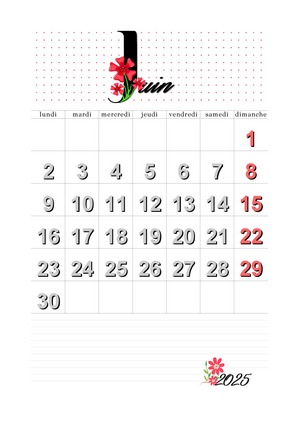 4. Juin 2025 calendrier à imprimer (format portrait).