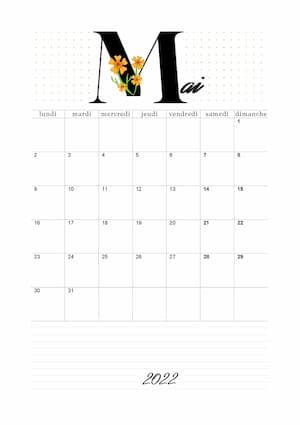 calendrier vierge mensuel de mai 2022 à imprimer au format PDF A4