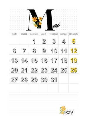 Mai 2024 calendrier à imprimer au format A4 en mode portrait avec lettre fleurie orange.
