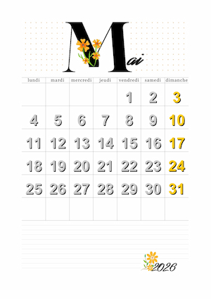 Calendrier du mois de mai 2026 imprimable