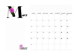 Calendrier de mars 2025 en mode paysage à imprimer au format A4.