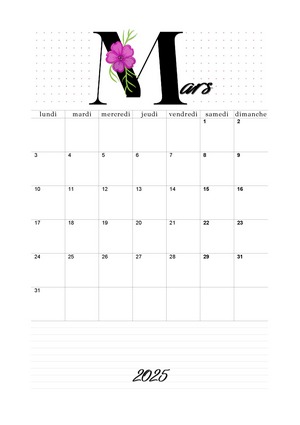 Calendrier pour le mois de mars 2025 à imprimer au format A4.