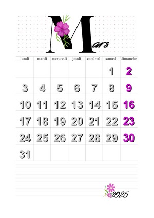 Calendrier de mars 2025 au format A4 à imprimer en mode portrait.