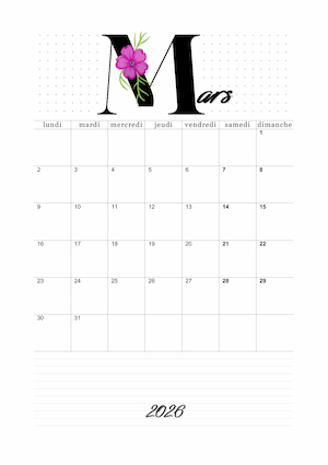Calendrier vierge avec un lettrage florale mauve !