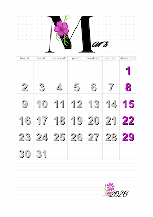 Calendrier du mois de mars 2026 imprimable