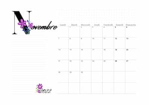Calendrier du Mois de novembre 2022 en orientation paysage : calendrier vierge mensuel au format PDF avec lettre florale.