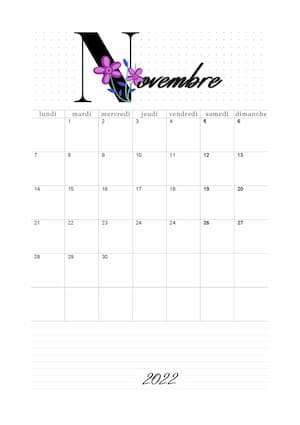 Calendrier novembre 2022 en orientation portrait : calendrier vierge mensuel au format PDF avec lettre florale.